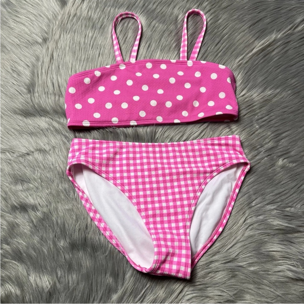 Cat And Jack Target Pink White Checkered Polka Dot 2 Piece Bikini Girls Swimsuit